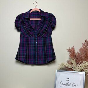Express Purple Plaid Ruched Front with Buttons Top
